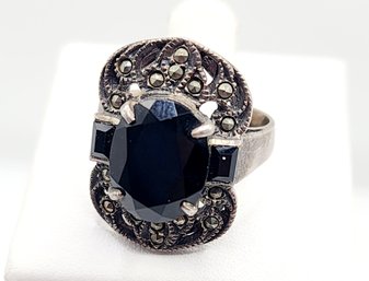 Sterling Silver Onyx & Marcasite Ring