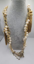 Vintage Faux Pearl Rhinestone & Tassel Chain Necklace