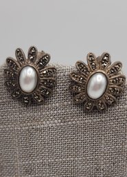 925 Sterling Silver Judith Jack Pearl Vintage Earrings