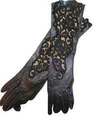 7/8058 Vintage Pauline Leather And Lace Longg Gloves Size 7