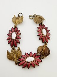 Stunning Antique Enamel And Brass Flower And Leaf Bracelet #3404