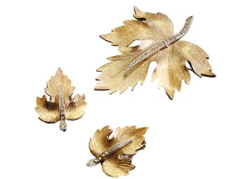 Vintage Brushed Matte Gold And  Rhinestone Leaf Brooch And Earrings Set #6191