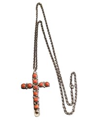 Vintage  Navajo Sterling And Coral Cross Pendant  Necklace # 6186