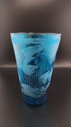 Vintage Blue Glass Etched Tumbler #6276