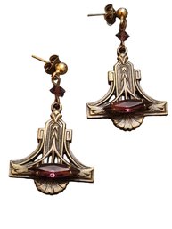 Vintage Art Nouveau Brass And Glass Pierced Earrings #6451