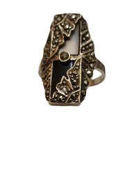 Spectacular Sterling, Marcasite, Opal And Onyx Ring  Size 6.5 (A4658)
