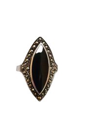 Sterling, Onyx And Marcasite Size 6.5 Ring (A4570)