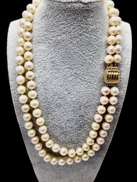 Vintage Signed Honora 14kt Gold & Diamond Double Strand Natural Pearl Necklace (A904)
