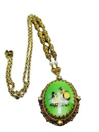 Vintage Signed W Germany Rare Lime Green Porcelain Silhouette Necklace (A1150)