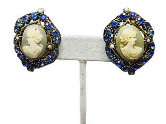 Vintage Cameo Rhinestone Clip Earrings (A1182)