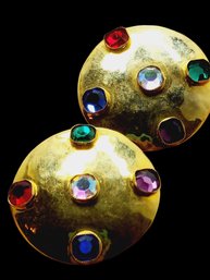Vintage 80s Bezel Set Glass Jeweled Hammered Brass Earrings (A1127)