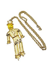 Super Cute Vintage Enameled Face Articulating Scarecrow Pendant Necklace (A1470)