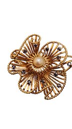 Vintage 18kt Gold Sapphire & Pearl Dimensional Brooch (A2560)