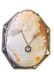 Antique 14kt Diamond Wonderfully Carved Cameo Brooch (A2931)
