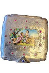 Antique Spectacular 800 Silver Porcelain Figural Scene Jeweled Mirror Compact (A2739)