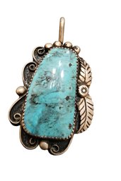 Vintage Sterling And Turquoise Navajo Leaf Design Pendant #5253