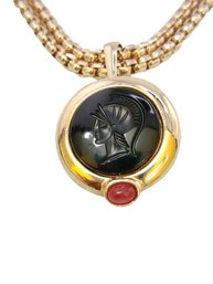 Vintage Designer Quality Roman Coin Glass Intaglio Pendant  Necklace # 5227
