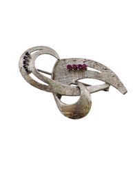 Vintage Beautiful 18kt/750 White Gold Ruby Sapphire Modernist Brooch (A1641)