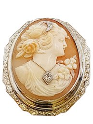 Antique Victorian Beautifully Carved Diamond Shell Cameo Pendant Brooch (A5291)
