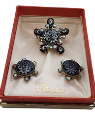 Vintage Unsigned Pakula Glass Brooch And Earrings In Original Box #5343