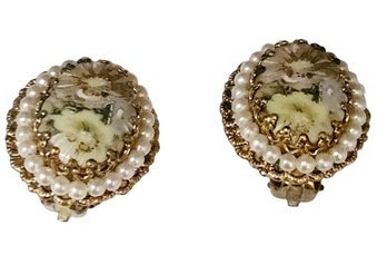 Vintage West Germany Porcelain Floral Clip Earrings #5434