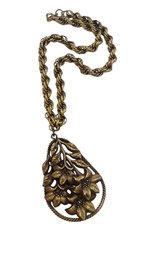 Vintage Brass Flower Pendant On Heavy Rope Chain #5659