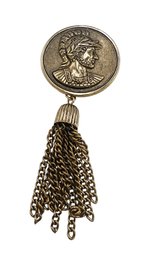 Vintage Burnished Gold Coin Tassel Brooch Pendant #6566