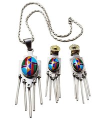 Vintage Signed Vidal Chavez Sterling Zuni Pendant Necklace And Earrings Set 6/2 - #3138