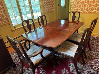 Solid Wood Double Pedastal Dining Table With 6 Chairs (4 Regular, 2 Captain) With Two Additional Leaves