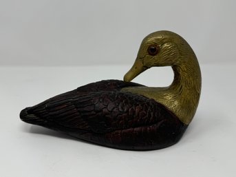 Heavy Brass And Wood Carved Duck