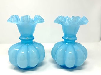 Pair Of Fenton Melon Vases In Blue