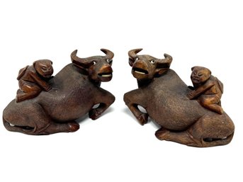 Pair Of Carved Water Buffalo With Boy Bookends