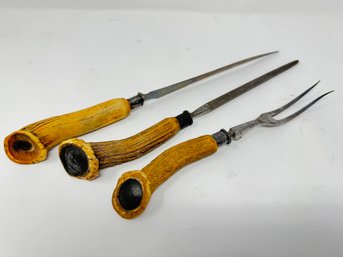 Antler Carving Set With Sterling Collars