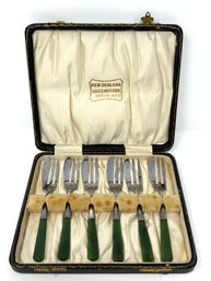 Sterling Silver Cocktail Forks With Nephrite Jade Handles In Original Case