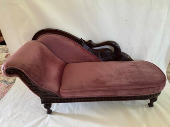 Swan Carved Doll Or Fainting Couch, With Plum Mohair Upholstery