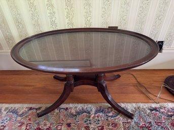 Antique Mahogany Oval Coffee Table With Glass Top