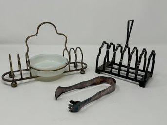 Group Of Antique Toast Stands And Tongs Including Silver-plate And Milk Glass Jam Dish