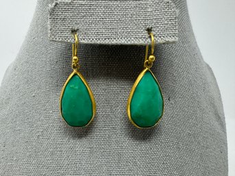 Teardrop Shaped 22k Earrings With Emerald Colored Stone - Signed