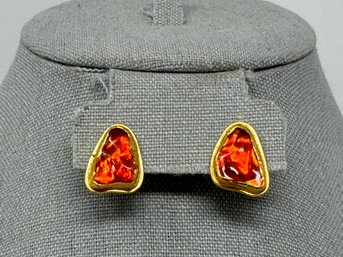 ARA 985 Yellow Gold Fire Opal Stud Earrings - Signed (5.72g)