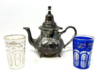 Moroccan Glassware Lot With Silverplated Teapot