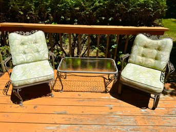 Pair Of Vintage Iron Patio Chairs With Glass Top Table