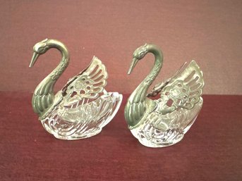 Pair Of Silver Plate Swan With Wings Salt Cellars