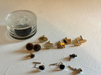 Collection Of Vintage Cuff Links And Tie Tacks With Small Mallard Container