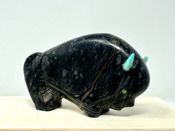 Zuni Buffalo / Bison Fetish By Lynn Quam In Picasso Marble With Turquoise Horns And Eyes (A)