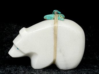 Artist Initialed Zuni Bear Fetish In White Stone  With Turquoise & Coral Bundle (D)