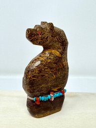 Zuni Standing Bear Fetish In Elephant Skin Jasper With Turquoise And Coral Waist Offering Bundle (E)