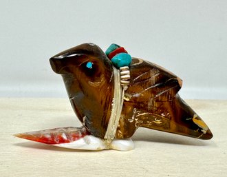 Hand Carved Zuni Bird Fetish With Turquoise And Coral Bundle On Large Arrow (K)