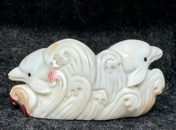 Hand Carved Twin Dolphins Among The Waves In Carved Shell (M)