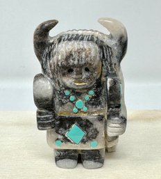 Hand Carved Zuni Buffalo Dancer Fetish With Turquoise Inlay (N)