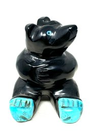 Artist Marked Zuni Black Sitting Bear Fetish With Turquoise Eyes And Feet (S)